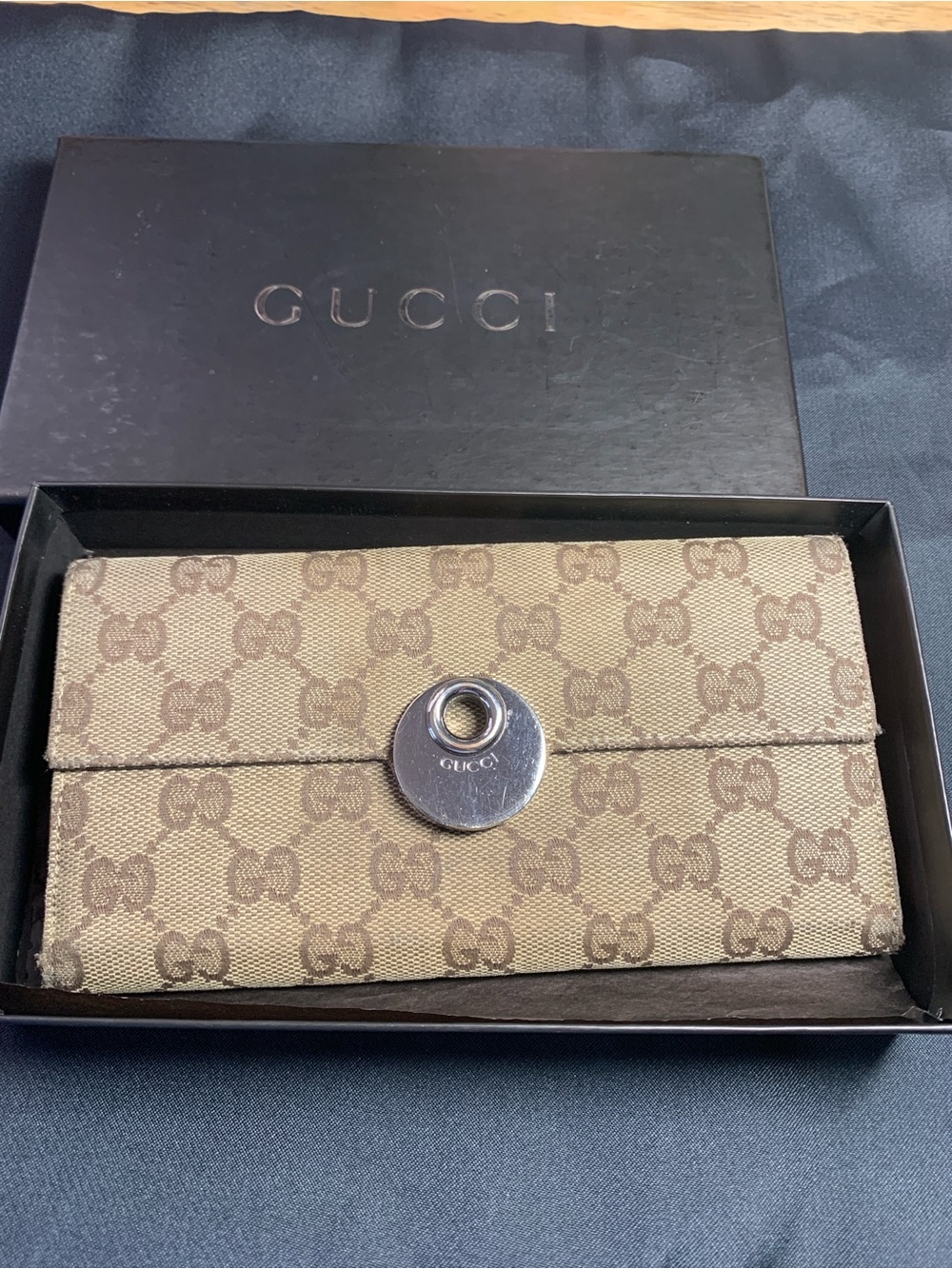 Gucci Beige Brown GG Canvas Wallet with Silver-Tone Snap Closure